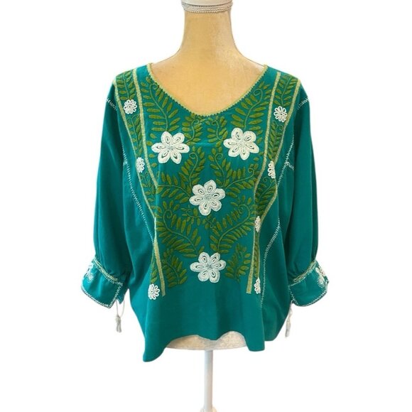 Teal Embroidered Boho Peasant Top Floral Embroidered Blouse Tassel Sleeve SZ XL - Picture 2 of 7